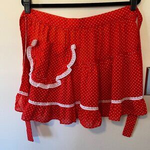 Vintage 1950s Red Polka Dot Half Apron Opaque Ruffles White Lace Pocket Retro